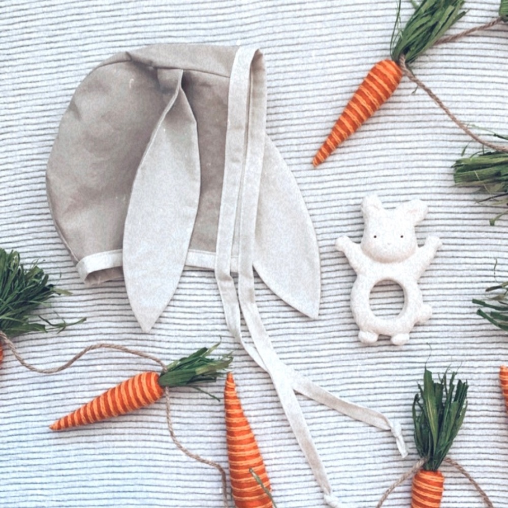 Handmade bunny ear bonnet.